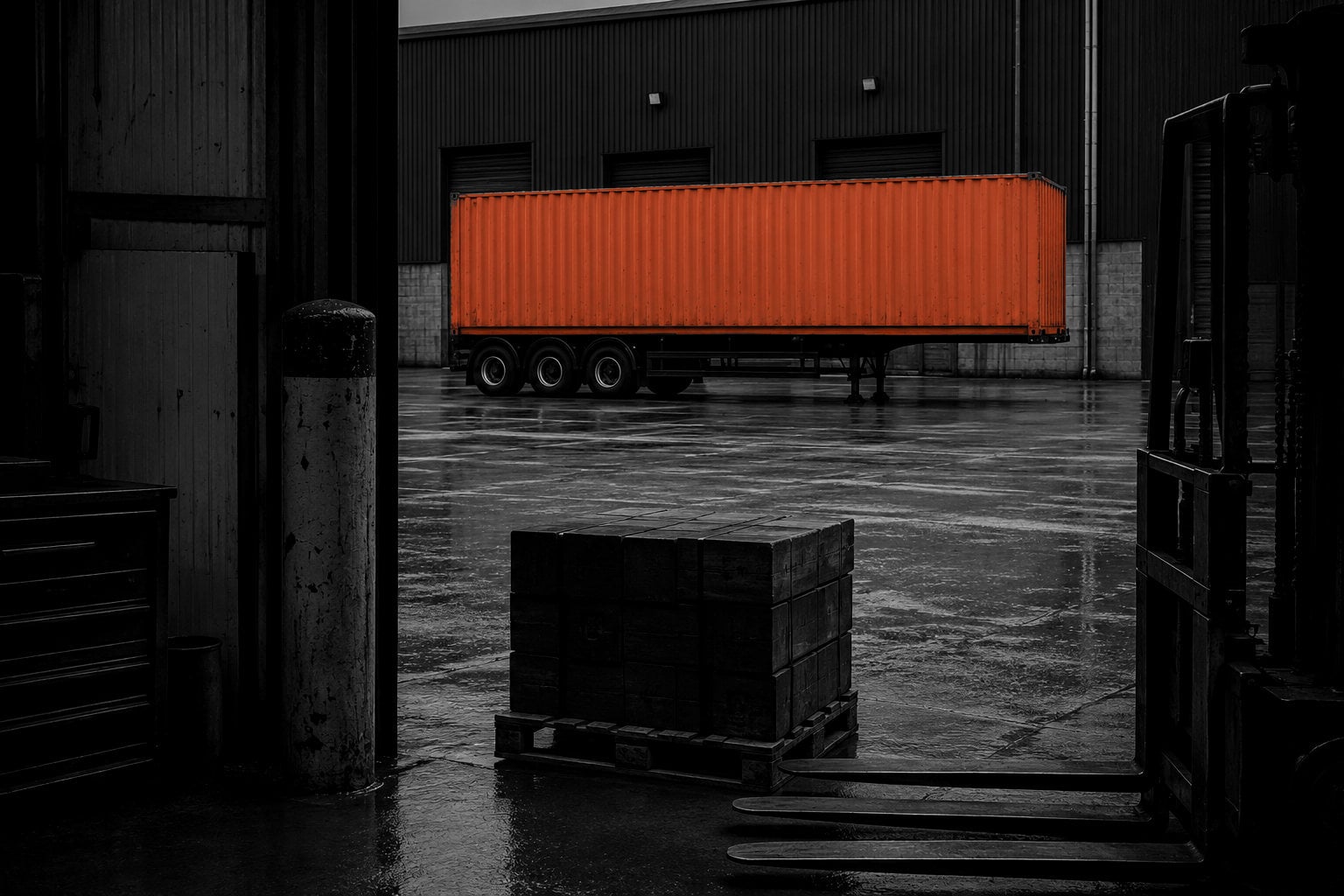A wet loading yard seen from inside a shed, a pallet on the apron and a trailer with an orange container backed up to the bays beyond.