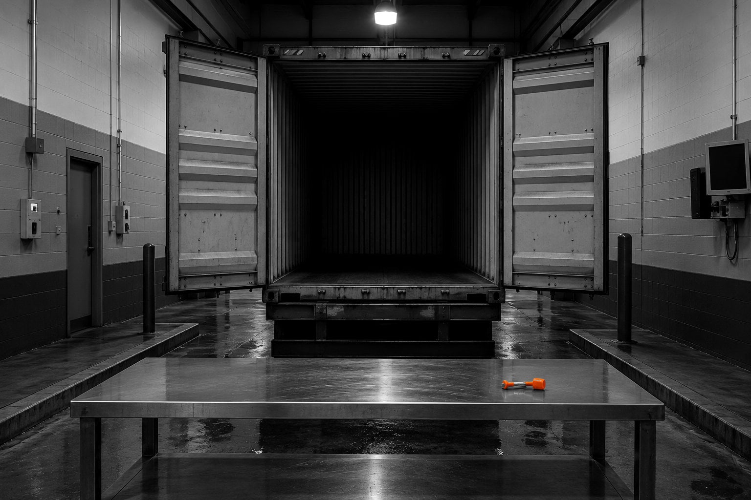 A customs examination bay, one container backed in with both doors open beside an empty steel inspection bench.