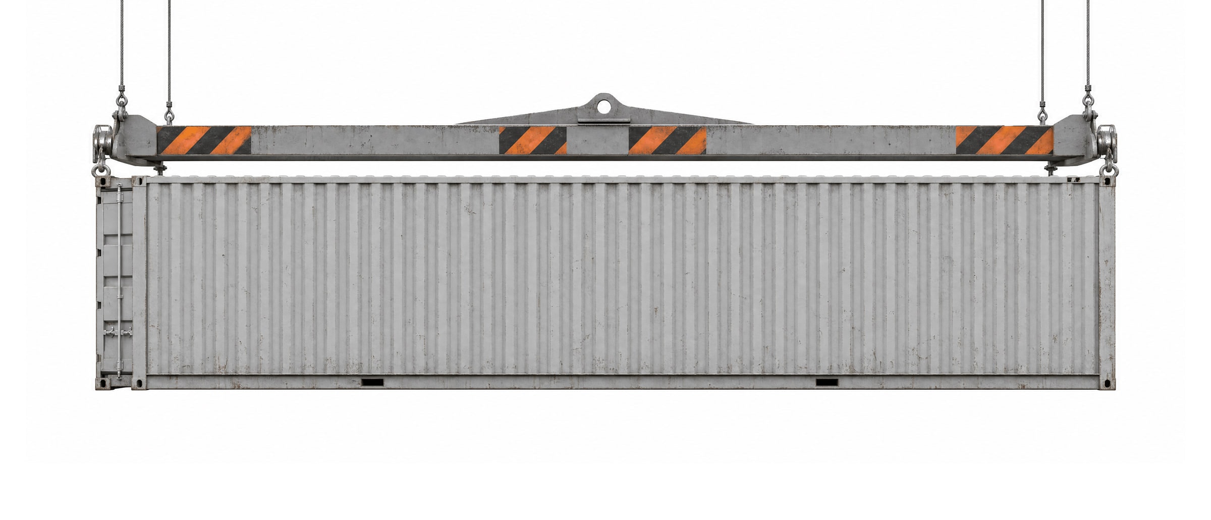 A 40ft container hanging from a spreader bar on lifting cables
