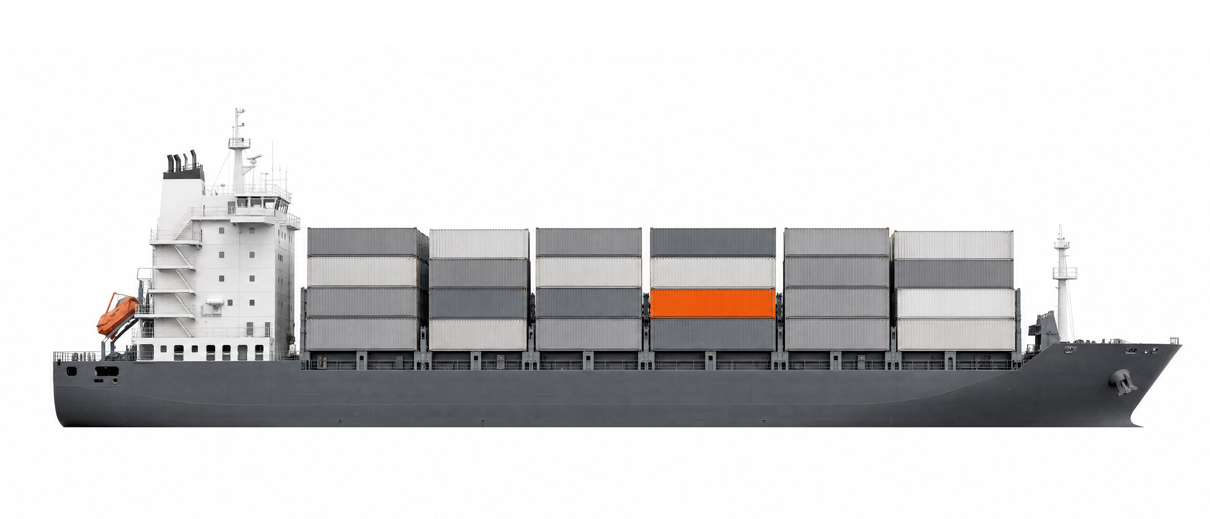 Container ship in side view, containers stacked five rows deep on deck