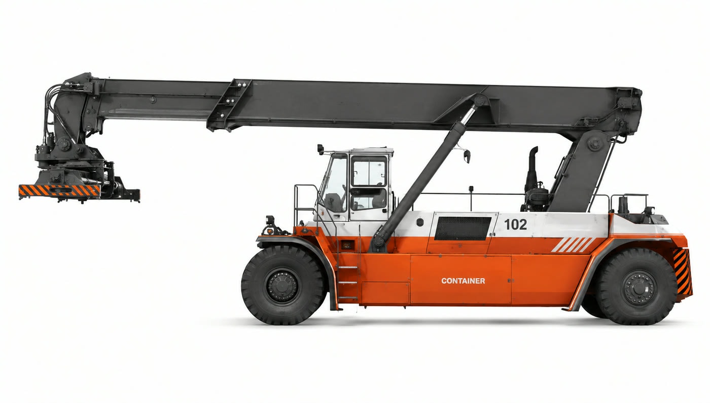 Reach stacker approaching the stack with an empty spreader