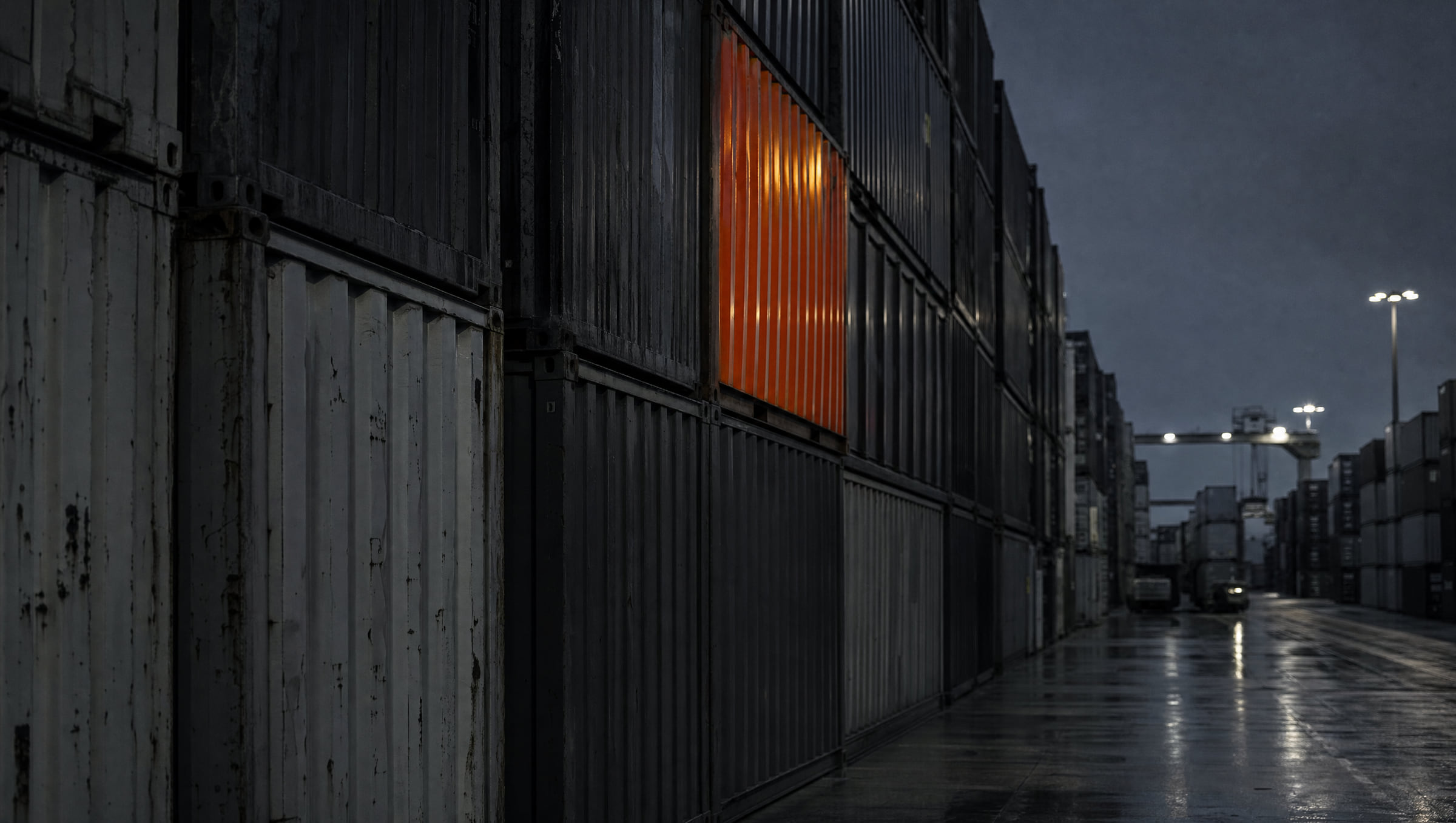 An alley of stacked shipping containers in a terminal yard at dusk, one of them orange